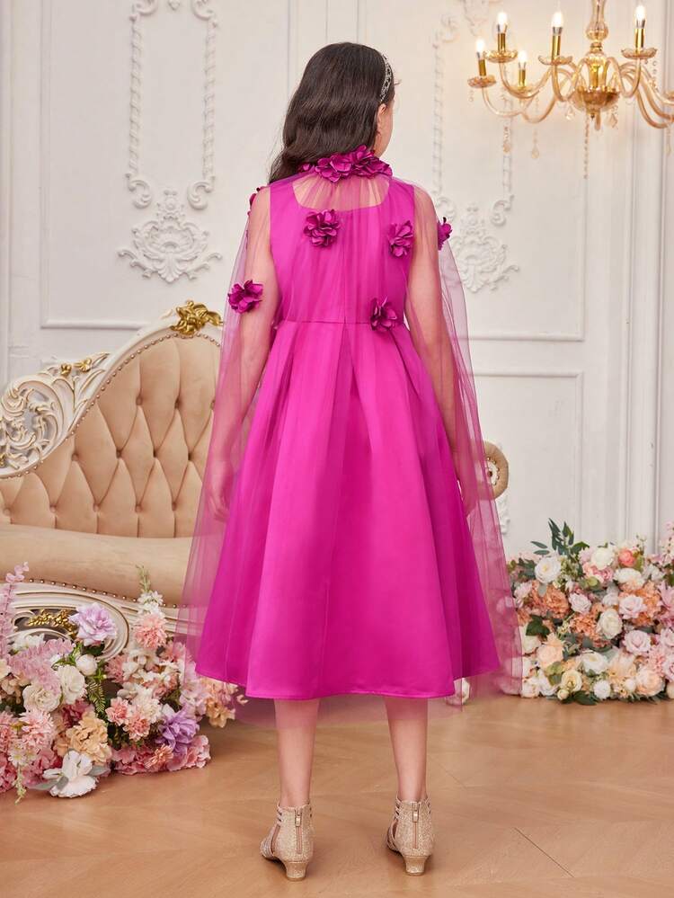 Tween Girl 2pcs/Set Cute 3d Flower Decor Peter Pan Collar Sheer Top And Satin Dress