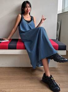 DAZY 纯色牛仔露肩连衣裙太阳裙 - 中等水洗藍 - 查看 2