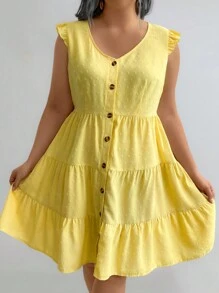 Flirla 加大碼純色荷葉邊連衣裙 - 黃色 - 查看 3