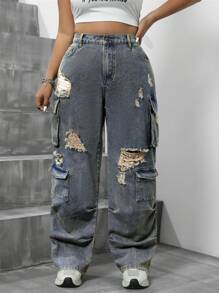 SHEIN ICON Plus Size Distressed Jeans With Pockets