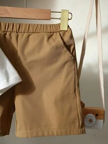 Boys' Comfortable And Cute Cartoon Pattern Short Sleeve T-shirt With 3d Foot Shape Pocket, Woven Shorts Set - Multicolor - View 6