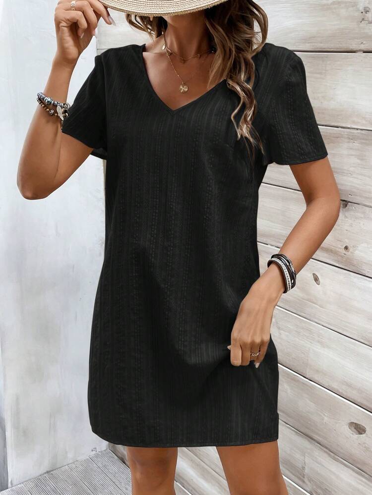 Women'S Back Lace Patchwork Short Sleeve Summer Boho Dress For Music Festival Black Casual