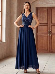 Contrast Color Sequin Crossed Neck Chiffon Ruffle Hem Formal Evening Gown, Elegant And Formal, Suitable For Balls, Weddings, Graduations, Galas And Other Occasions - Navy Blue - View 4