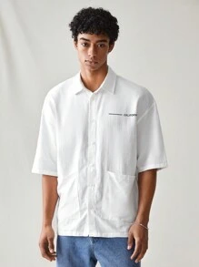 Manfinity VCAY 男裝休閒襯衫,印有字母印花和雙口袋 - 白色 - 查看 1