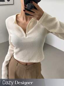 Dazy Designer 女式圓領拉鍊貼合設計長袖t恤,紋理織物 - 米色 - 查看 1