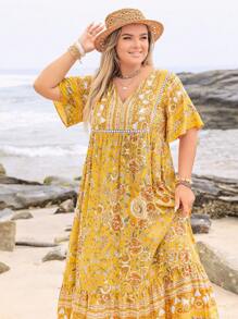 Bohemian Women Plus Size Floral V-Neck Loose Dress Beach Holiday Summer Party Wedding Season Coachella Music Festival