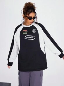 Coolane 字母图案拼色插肩袖黑色运动衫