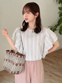 FRIFUL Camisa de mujer con cuello redondo a rayas, mangas de volantes en los hombros, adecuada para el verano, con volantes - Multicolor - Ver 1