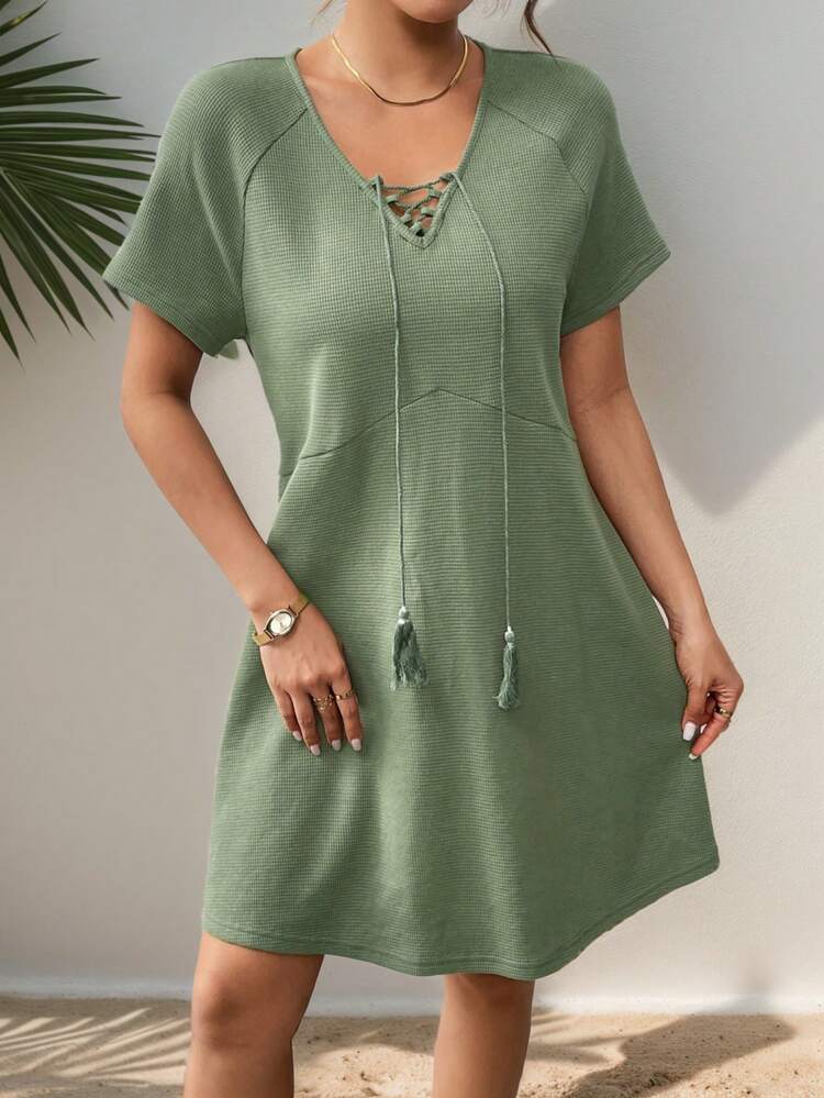 Women's Casual Home Style ArmyGreen V-Neck  Loose Fit Dress For Summer