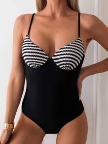 SHEIN Swim Áo tắm một mảnh chắp vá đen trắng cho nữ - Đen và trắng - Xem 4