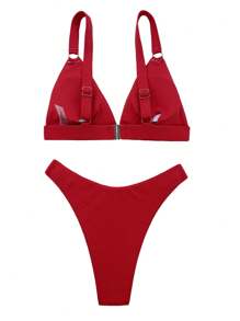 SHEIN Swim Bộ áo ngực và quần bikini màu trơn dành cho nữ Bộ bikini tách biệt cho bãi biển mùa hè - Đỏ - Xem 2