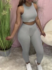 INAWLY Women's Simple Solid Color Vest And Long Pants 2-Piece Set