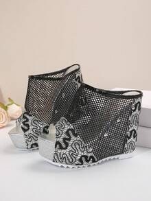 Sandali con zeppa e fondo spesso, sandali con tacco alto platform a punta aperta, pantofole con tacco spesso, estive, tacchi chunky, platform impermeabile, con laccetti forati - nero - Visualizzare 6