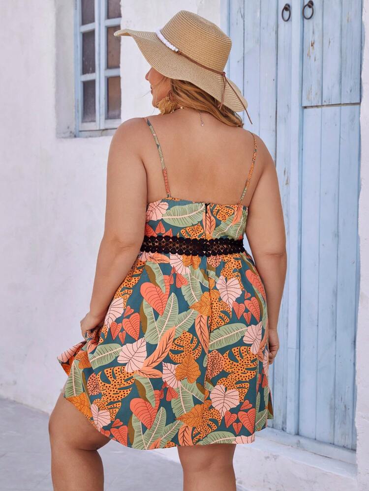 Plus Size Vintage Printed Fashionable Vacation Style Spaghetti Strap Dress