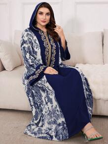 Al Najma 大码女式春夏阿拉伯植物印花连衣裙，拼接抽绳兜帽，休闲长袖超长连衣裙，卡夫坦 - 彩色 - 查看 1