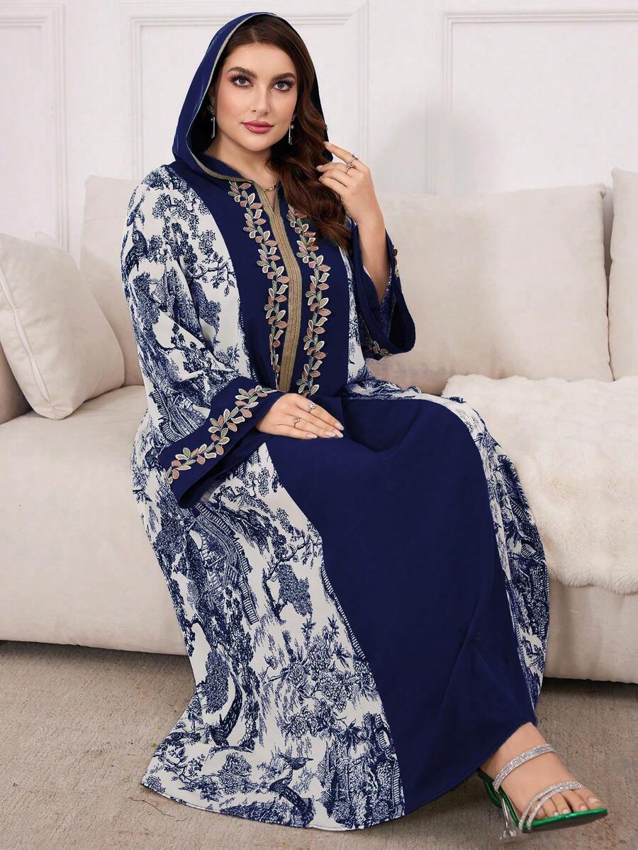 Al Najma 大码女式春夏阿拉伯植物印花连衣裙，拼接抽绳兜帽，休闲长袖超长连衣裙，卡夫坦 - 彩色 - 查看 1
