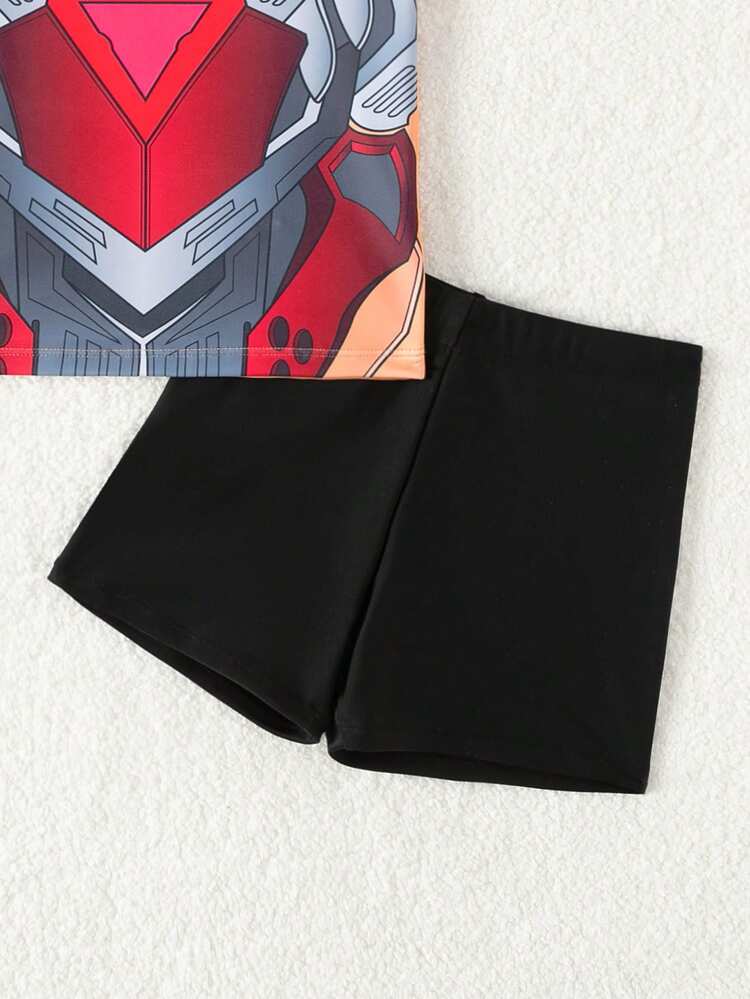 Young Boy Mecha Print Short Sleeve Raglan T-Shirt And Square Leg Swim Trunk, 2pcs/Set Surfing Beachwear For Summer