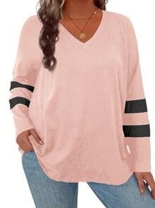 SHEIN LUNE Plus Size V-Neck Printed Casual Spring/Summer Long Sleeve T-Shirt - Baby Pink - View 4