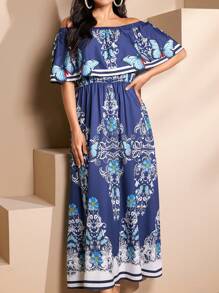 Seusyu Women's Ruffled Off Shoulder Floral Butterfly Print Arabian Dress - Blue - View 9