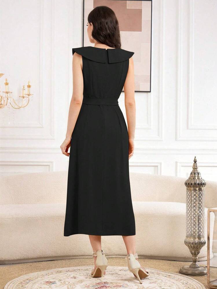 Women's Sleeveless Floral Embroidered Turn-Down Collar Summer Dress Long Evening Dresses