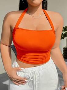 SHEIN EZwear Top Corto Naranja Brillante De Talla Grande Sin Mangas, Con Cuello Halter Y Detalles De Cintura Fruncida Para El Verano