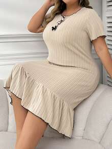 Plus Size Contrast Lettuce Trim Sleep Dress With Ruffle Trim - Apricot - View 4