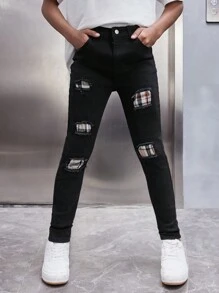 SHEIN Jeans blancos de alta elasticidad con parches y rasgaduras de moda para uso diario en verano para niños preadolescentes