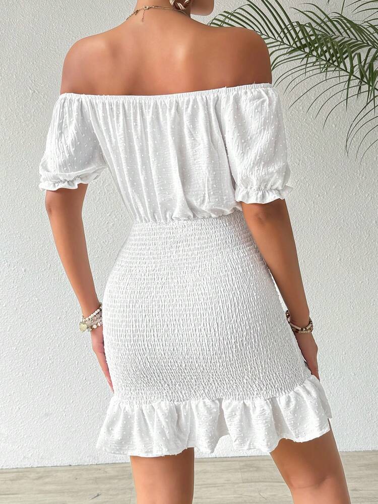 Women's Off-Shoulder Short Sleeve Ruffle Hem Bodycon Dress In Vacation Style For Summer