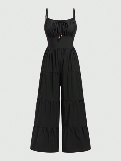 Goth Combinaison Style Décontracté Et Vacances Avec Caraco Perlé Et Cordon De Serrage Avec Pantalon Évasé