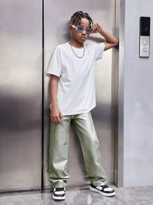 SHEIN Tween Boys' Stylish Personalized Metallic Loose Straight Leg Green Jeans For Spring And Summer - Army Green - View 3