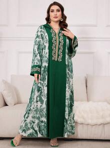 Al Najma 大码女式春夏阿拉伯服装，带植物印花、拼布和抽绳兜帽，休闲长袖连衣裙 - 彩色 - 查看 4