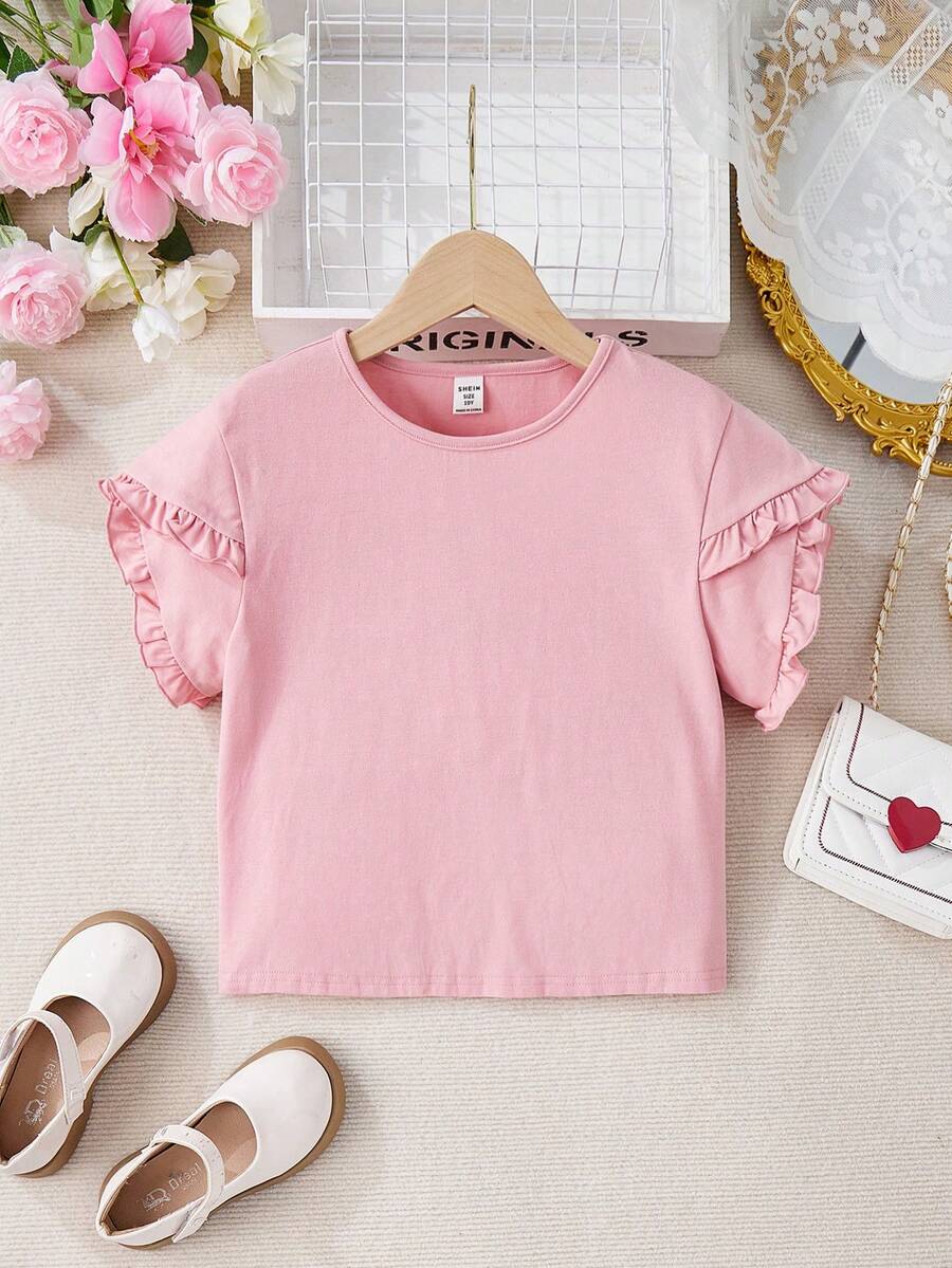 SHEIN 少女夢幻公主風格編織圓領T卹，花瓣袖，純色 - 淺粉色 - 查看 1
