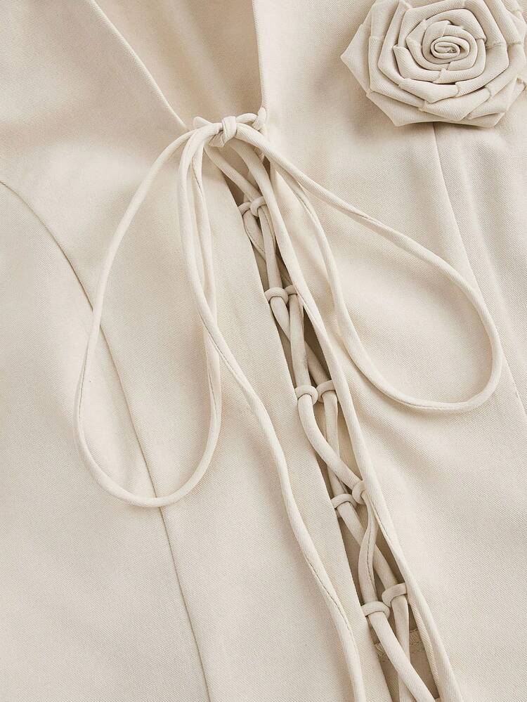 Flower Embellished Cross Strap Collar Sleeveless Top With Elegant