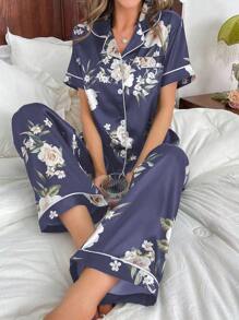 Ladies' Floral Print V-Neck Top And Long Pants Summer Sleepwear Set Pajama Set Made Of Imitated Silk - Navy Blue - View 1