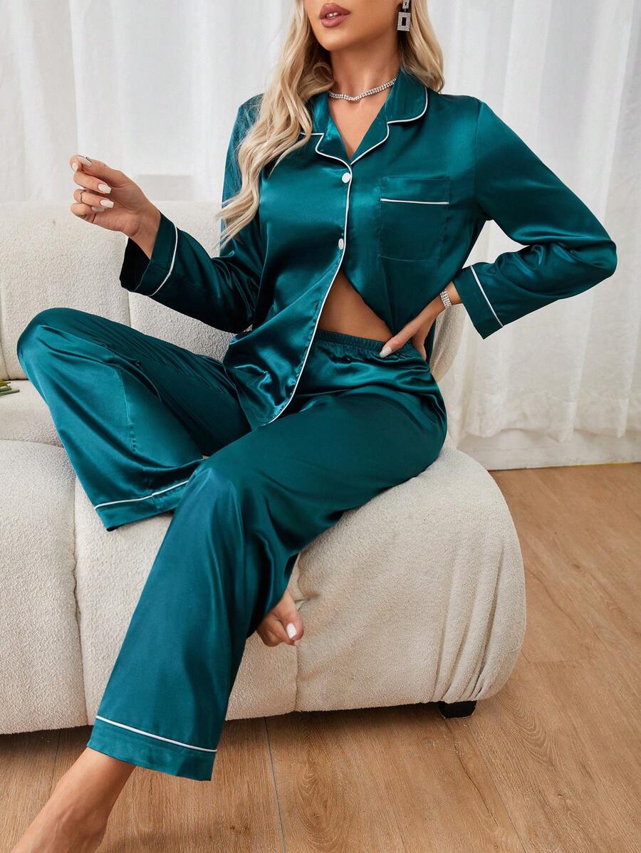 Women's Contrast Binding Lapel Long Sleeve Pajama Set, Fall Winter Clothes - Teal Blue - View 1