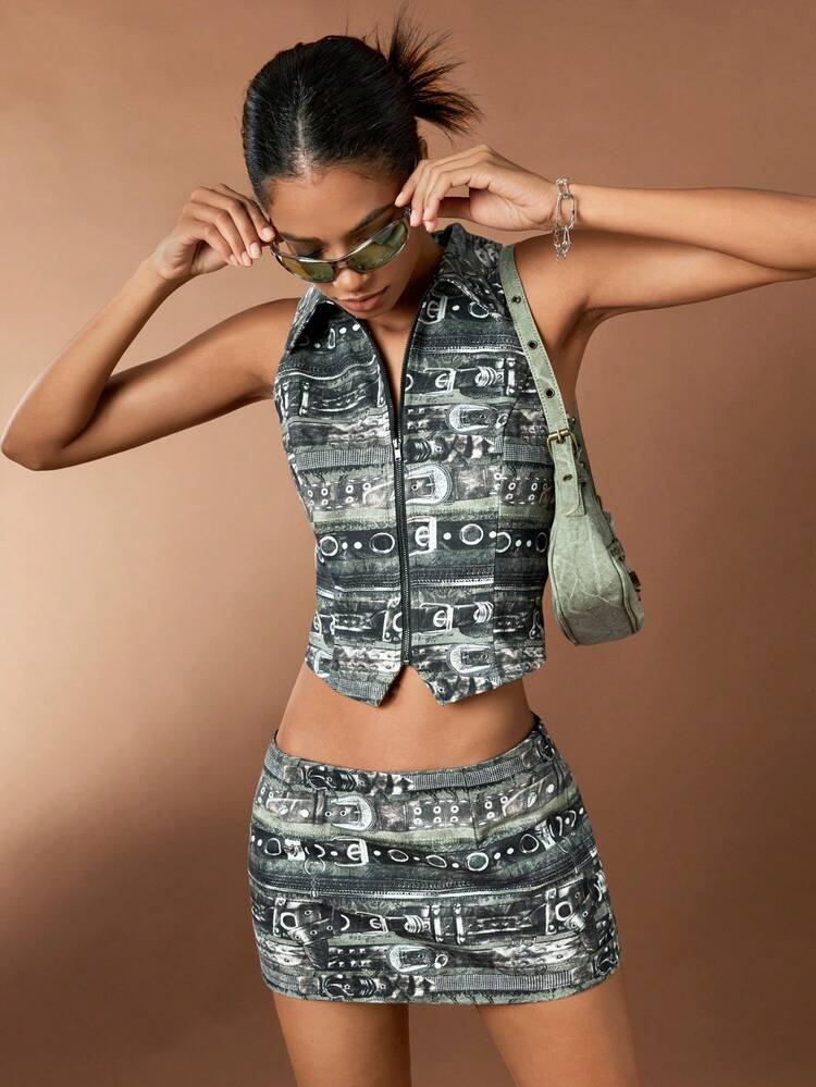 Women's Zipper Back Sleeveless Top And Skirt Set With All-Over Print