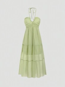 Sweetra Solid Color Halter Neck Sleeveless Dress - Green - View 1
