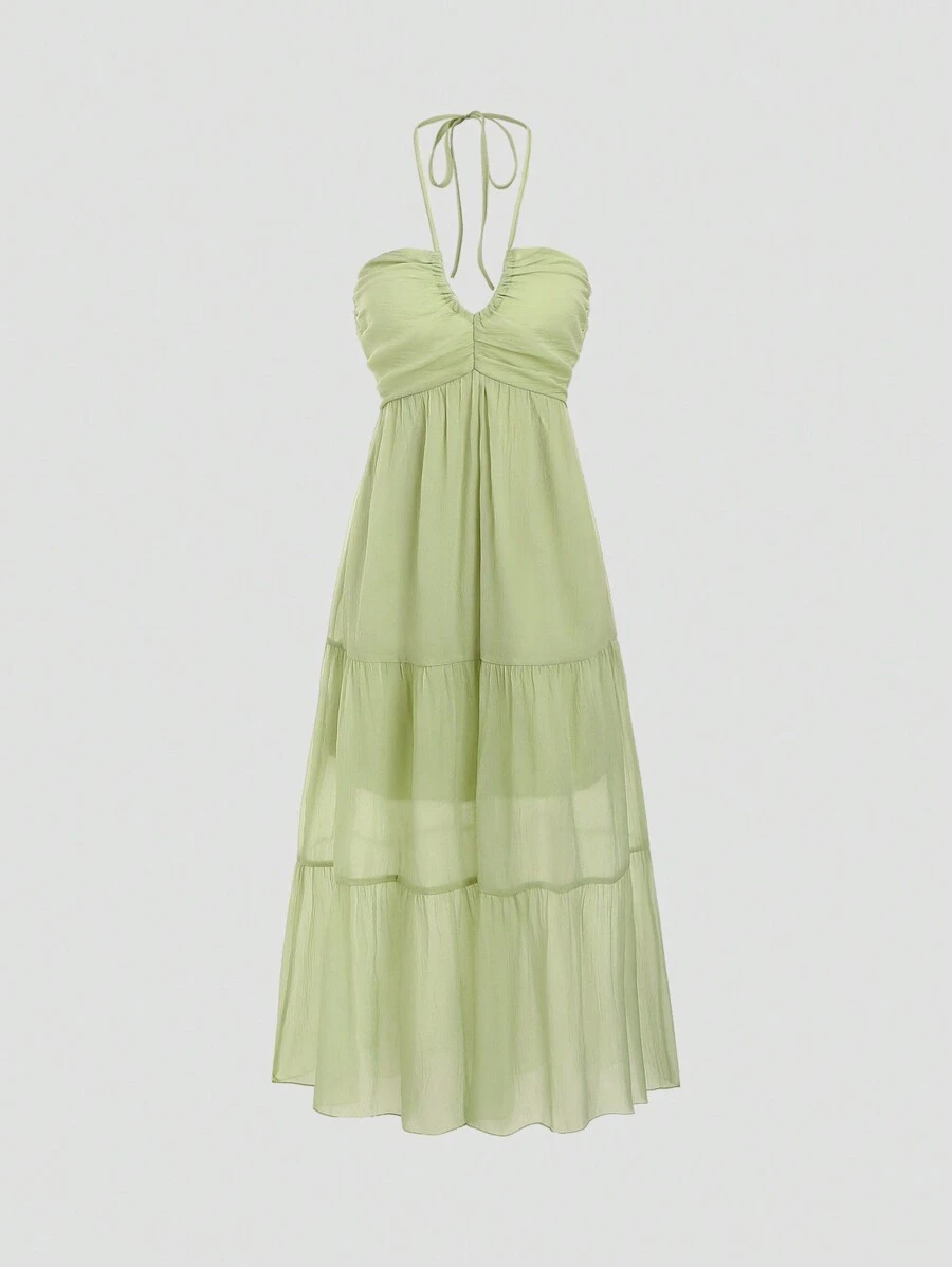 Sweetra Solid Color Halter Neck Sleeveless Dress - Green - View 1