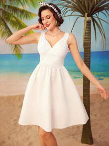 Vintamour Phong cách cổ điển Đảo kỳ nghỉ mùa xuân hè Halter cổ xếp li Sundress trang phục mùa xuân quần áo mùa hè váy dài váy dài màu trắng - trắng - Xem 6