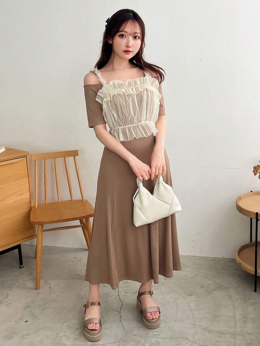 FRIFUL Fall Contrast Mesh Cold Shoulder Midi Dress Sundress,Casual Women Dresses Long Sleeve Dress - Coffee - View 1