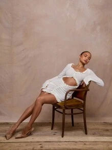 MUSERA Sexy Mesh Ruched Trim Cut Out Mini Dress Spring Cute Summer Sheer - Beige - View 1