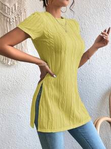 SHEIN Essnce Màu thuần Kết cấu Chi tiết Chia bên Áo thun - Màu Mù tạt vàng - Xem 6