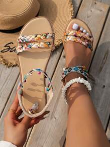 Sandalias Planas De Verano Estilo Borla Y Tejido De Cuentas, Ligeras Y Antideslizantes, Patrón Al Azar - Beis - Ver 4