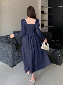 DAZY Của phụ nữ Mùa Xuân Và Mùa hè Cổ vuông Dây thắt lưng Xếp li Áo Tay dài Đầm - Màu xanh hải quân - Xem 5