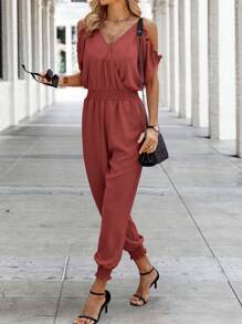 SHEIN Clasi Off-Shoulder V-Neck Jumpsuit For Summer - Red - View 6