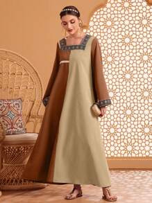 Al Najma Vestido De Manga Acampanada Decorado Con Cinta De Bloques De Color - Naranja - Ver 3