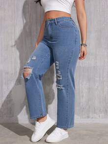 女裝休閒直筒磨邊牛仔褲 - 淺藍色 - 查看 3