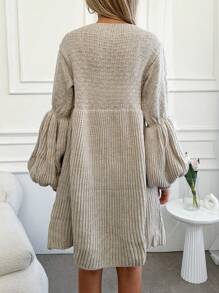 EURMUSE Solid Lantern Sleeve Sweater Dress - Light Grey - View 2
