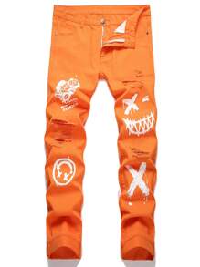 Men Cartoon & Letter Graphic Ripped Jeans - Orange - View 1