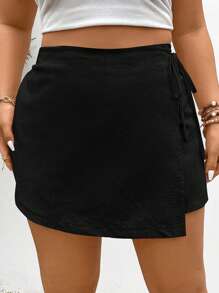 SHEIN Frenchy 大尺碼女裝純色交叉打結休閒短裙